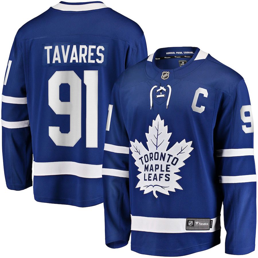 Men Toronto Maple Leafs #91 John Tavares Fanatics Branded Blue Home Captain Premier Breakaway Player NHL Jersey